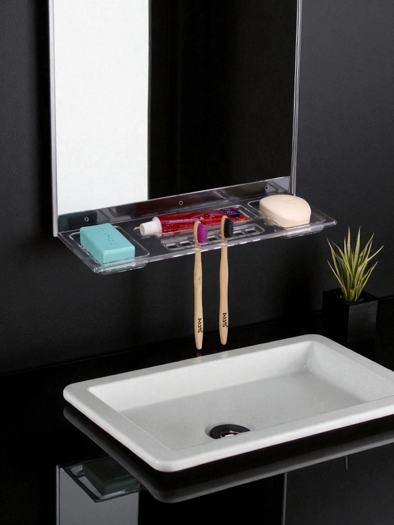 IMG-20250707-WA0004 (3) TRYOTONE 2 in 1 Wall-Mounted Transparent Bathroom Shelf Organizer with Toothbrush & Soap Holder | Multi-Use Storage Rack for Toothpaste, Toiletries & Accessories | Durable & Space-Saving Design(pack of 2) - Image 1