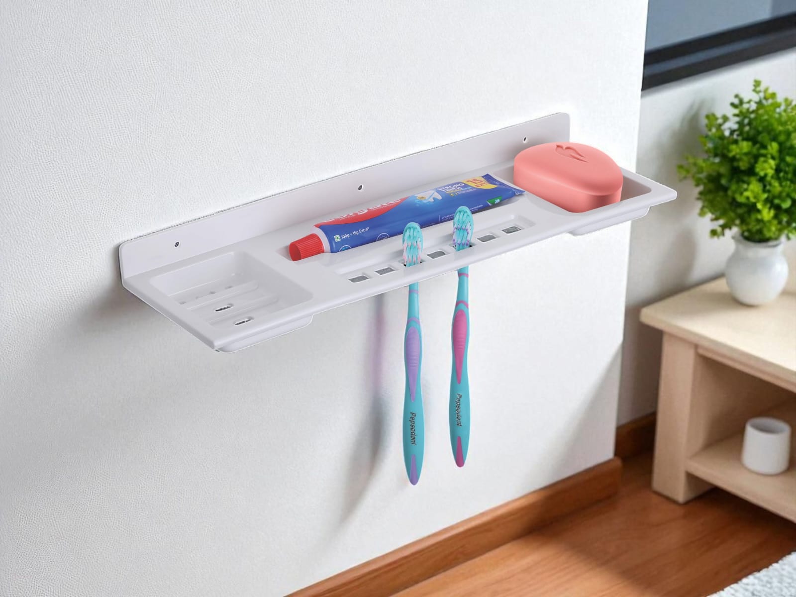 WhatsApp Image 2025-07-11 at 11.45.04 AM TRYOTONE Wall-Mounted Plastic Bathroom Organizer with Dual Soap Dishes & Center Utility Slot – Space-Saving, Durable White Holder for Toiletries, Brushes, and More – Sleek Modern Design(pack of 2) - Image 1